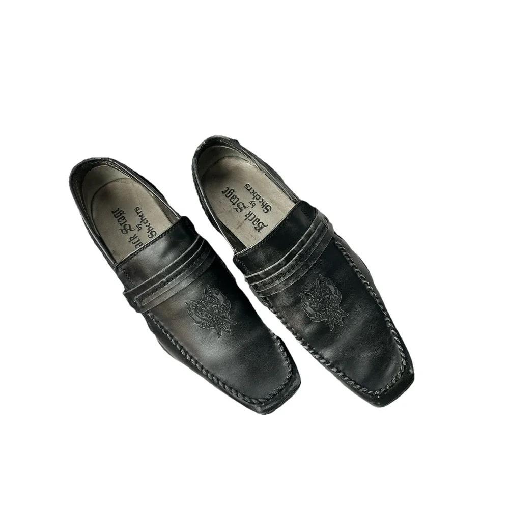 Vtg Back Stage by Skechers 69506 Men 11 Black Leather Loafers Crest Y2K Grunge